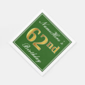 エレガント緑、フェイク金ゴールド62番目の誕生日+名前 スタンダードランチョンナプキン (角)