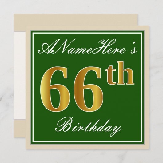エレガント緑、フェイク金ゴールド66番目の誕生日+名前 招待状 (正面/裏面)