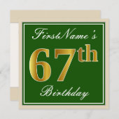 エレガント緑、フェイク金ゴールド67番目の誕生日+名前 招待状 (正面/裏面)