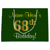 エレガント緑、フェイク金ゴールド68番目の誕生日+名前 ラージペーパーバッグ (正面)