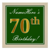 エレガント緑、フェイク金ゴールド70番目の誕生日+名前 ポスター (正面)