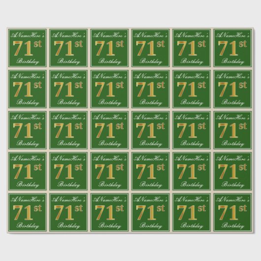 エレガント緑、フェイク金ゴールド71番目の誕生日+名前 ラッピングペーパー (フラット)