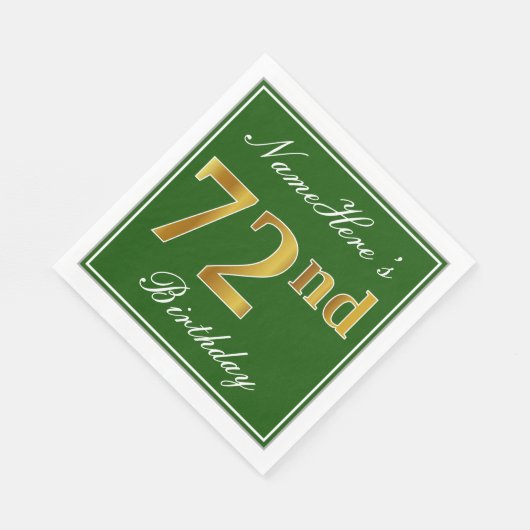 エレガント緑、フェイク金ゴールド72番目の誕生日+名前 スタンダードランチョンナプキン (角)