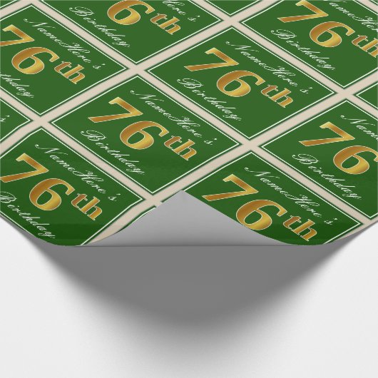 エレガント緑、フェイク金ゴールド76番目の誕生日+名前 ラッピングペーパー (角)