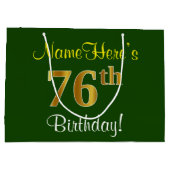 エレガント緑、フェイク金ゴールド76番目の誕生日+名前 ラージペーパーバッグ (裏面)