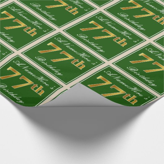 エレガント緑、フェイク金ゴールド77番目の誕生日+名前 ラッピングペーパー (角)