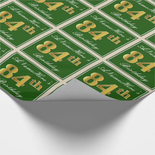 エレガント緑、フェイク金ゴールド84番目の誕生日+名前 ラッピングペーパー (角)