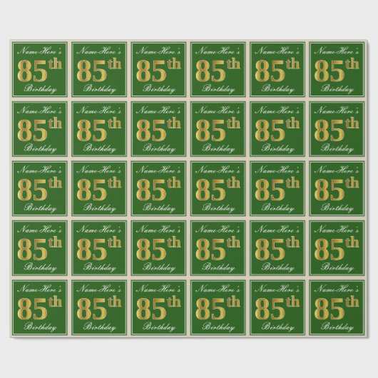 エレガント緑、フェイク金ゴールド85番目の誕生日+名前 ラッピングペーパー (フラット)