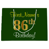 エレガント緑、フェイク金ゴールド86番目の誕生日+名前 ラージペーパーバッグ (正面)