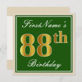 エレガント緑、フェイク金ゴールド88番目の誕生日+名前 招待状 (正面/裏面)