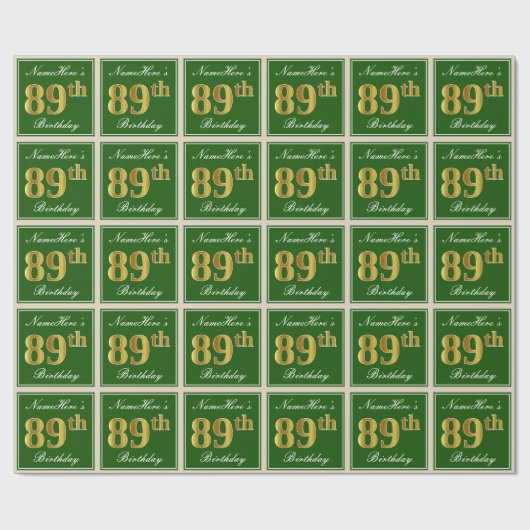 エレガント緑、フェイク金ゴールド89番目の誕生日+名前 ラッピングペーパー (フラット)