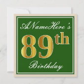 エレガント緑、フェイク金ゴールド89番目の誕生日+名前 招待状 (正面)