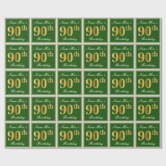 エレガント緑、フェイク金ゴールド90番目の誕生日+名前 ラッピングペーパー (フラット)