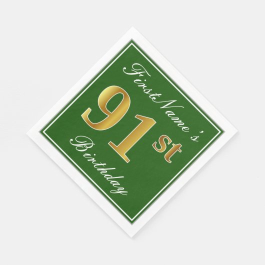 エレガント緑、フェイク金ゴールド91番目の誕生日+名前 スタンダードランチョンナプキン (角)