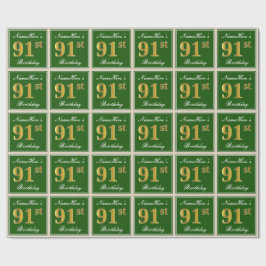 エレガント緑、フェイク金ゴールド91番目の誕生日+名前 ラッピングペーパー
