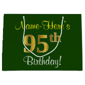 エレガント緑、フェイク金ゴールド95番目の誕生日+名前 ラージペーパーバッグ (正面)