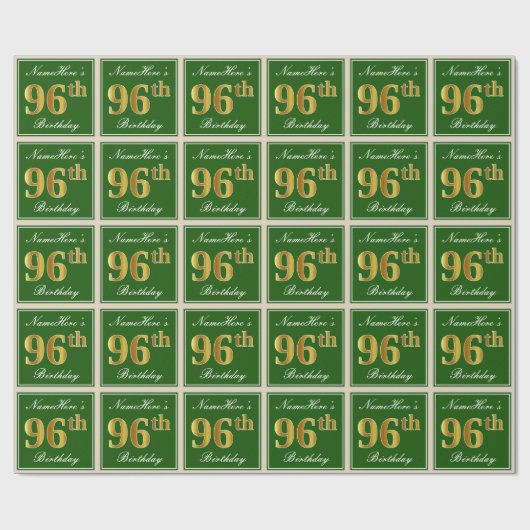 エレガント緑、フェイク金ゴールド96番目の誕生日+名前 ラッピングペーパー (フラット)