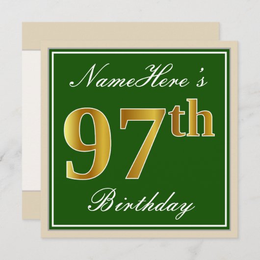 エレガント緑、フェイク金ゴールド97番目の誕生日+名前 招待状 (正面/裏面)