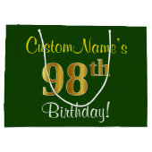 エレガント緑、フェイク金ゴールド98番目の誕生日+名前 ラージペーパーバッグ (裏面)