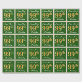 エレガント緑、フェイク金ゴールド99番目の誕生日+名前 ラッピングペーパー