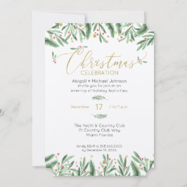 エレガント緑、赤、金ゴールドのクリスマスパーティー 招待状