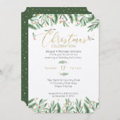 エレガント緑、赤、金ゴールドのクリスマスパーティー 招待状 (正面/裏面)