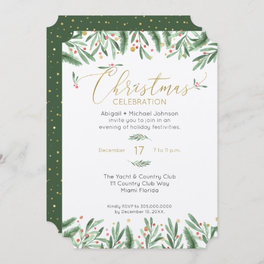 エレガント緑、赤、金ゴールドのクリスマスパーティー 招待状 (正面/裏面)