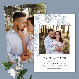 エレガント線描フローラブルー2写真結婚の セーブザデート