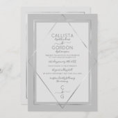 エレガント縁どシンプルグレイ銀ジオ結婚ズ 招待状 (正面/裏面)