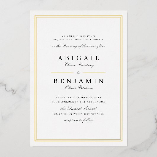 エレガント縁ど結婚金ゴールド 箔招待状 (正面)