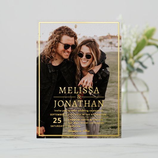 エレガント縁どScript Photo QR Code 結婚's 箔招待状 (立ち正面)