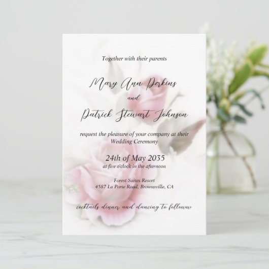 エレガント繊細な影の付いたバラ結婚の 招待状 (スタンド正面)