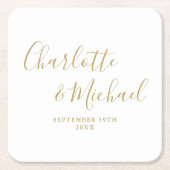 エレガント署名スクリプト金ゴールド結婚の スクエアペーパーコースター (正面)