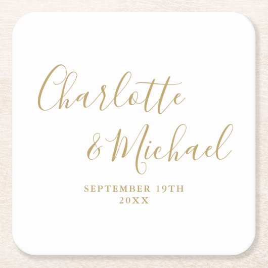 エレガント署名スクリプト金ゴールド結婚の スクエアペーパーコースター (正面)