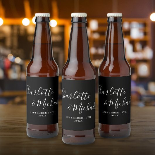 エレガント署名スクリプト黒と白結婚の ビールラベル