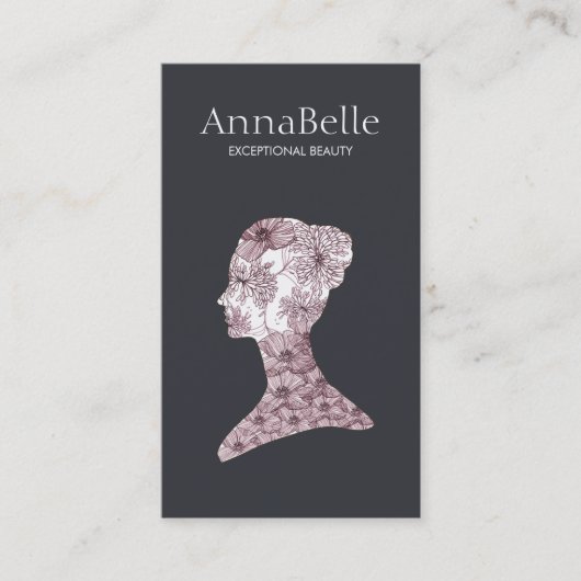 エレガント美しいガールの顔ハンドドローフローラサロン 名刺 (正面)