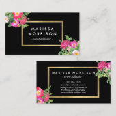 エレガント美しい花模様ブラックとフェイク金ゴールド 名刺 (正面/裏面)