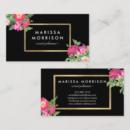 エレガント美しい花模様ブラックとフェイク金ゴールド 名刺 (正面/裏面)