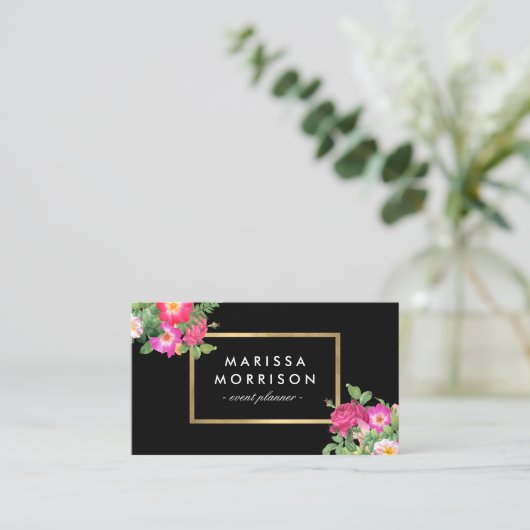 エレガント美しい花模様ブラックとフェイク金ゴールド 名刺 (スタンド正面)