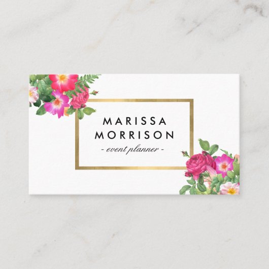 エレガント美しい花模様白とフェイク金ゴールド 名刺 (正面)