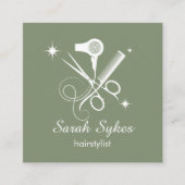 エレガント美容師はさみセージ緑ミニマル スクエア名刺 (正面)