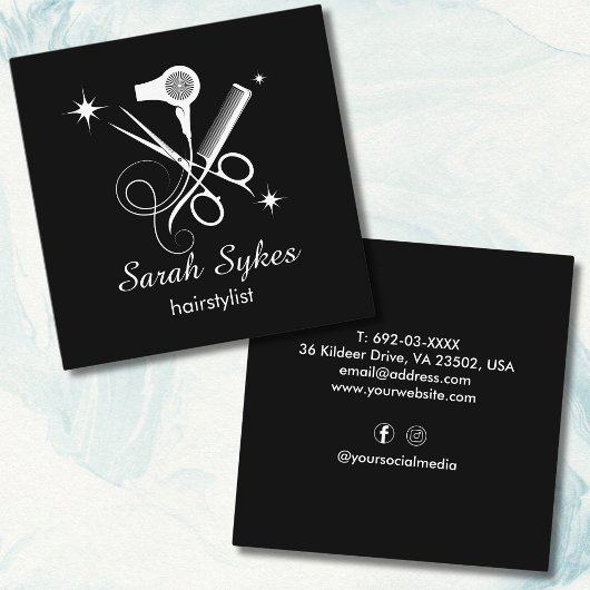 エレガント美容師シザーズブラックミニマルカスタム スクエア名刺