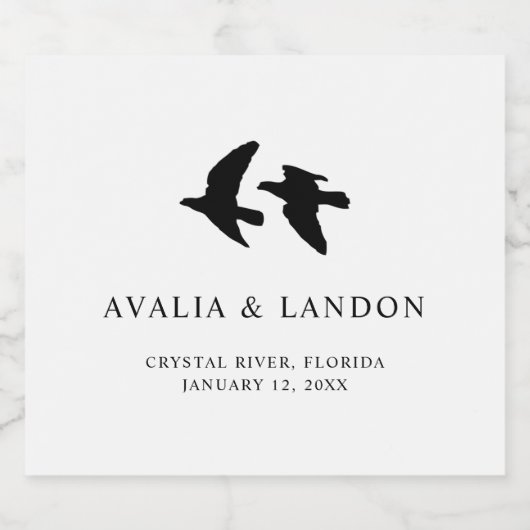 エレガント羽毛の白と黒の結婚鳥 スパークリングワインラベル (シングルラベル)