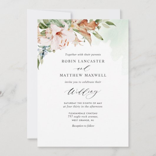 エレガント自然開花とセージ結婚グリーン 招待状 (正面)