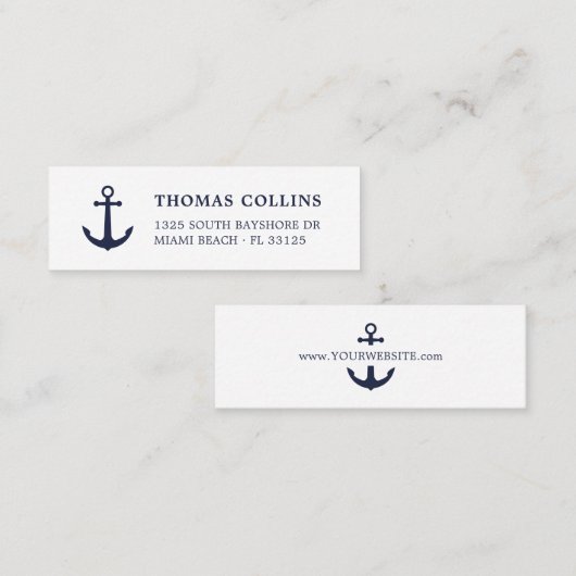 エレガント航海のいかりネイビーブルーとホワイト | スキニー名刺 (正面/裏面)