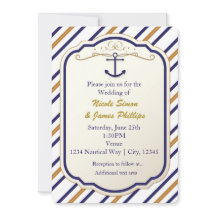 エレガント航海のいかりブルーホワイト金ゴールド招待状