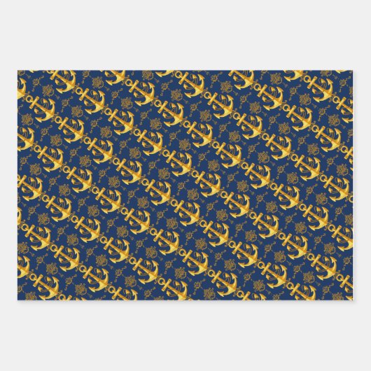 エレガント航海の海軍と金ゴールド ラッピングペーパーシート (正面3)