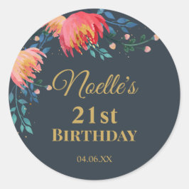 エレガント花お洒落色，濃い青，金ゴールドアクセント ラウンドシール