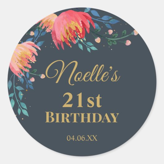 エレガント花お洒落色,濃い青,金ゴールドアクセント ラウンドシール (正面)