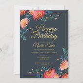 エレガント花お洒落色，濃い青，金ゴールドアクセント 招待状 (正面)